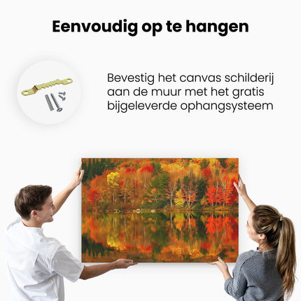 Canvas schilderij ophangen Kleurrijke Herfstbomen Weerspiegeld in een Meer