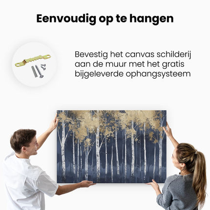 Canvas schilderij ophangen Kunstwerk van Berkenbomen in Blauw en Goud