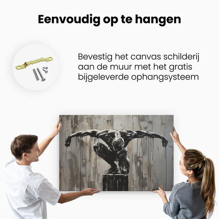 Canvas schilderij ophangen Zwart Wit Kunstwerk van een Man op een Sokkel