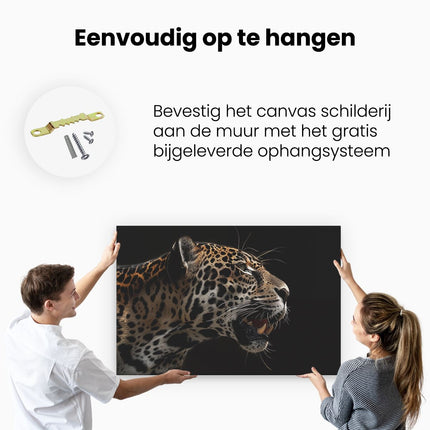 Canvas schilderij ophangen Jaguar op een Zwarte Achtergrond