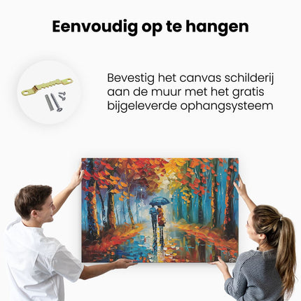 Canvas schilderij ophangen Paar dat in de Regen loopt met een Paraplu