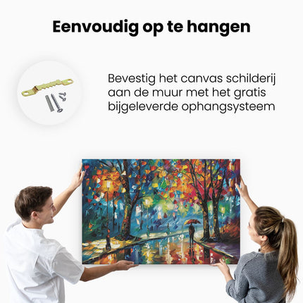 Canvas schilderij ophangen Kunstwerk van een Persoon die in een Regenachtige Nacht door een Straat loopt