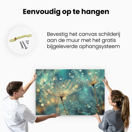 Canvas schilderij ophangen Close-Up van Paardebloembloemen met Waterdruppels