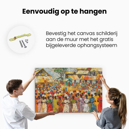 Canvas schilderij ophangen Kunstwerk van een Groep Mensen in een Dorp