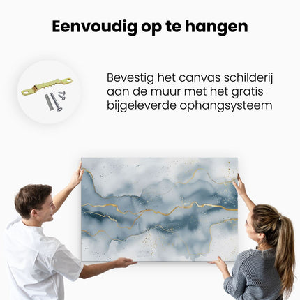 Canvas schilderij ophangen Blauw en Goud Abstract Kunstwerk op een Witte Achtergrond