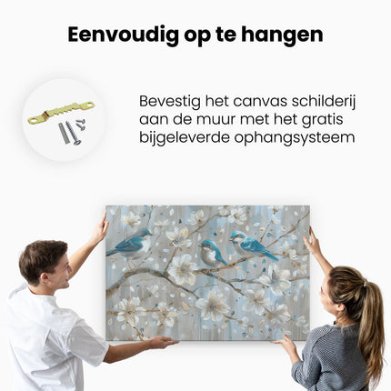 Canvas schilderij ophangen Blauwe Vogels Zat op een Boomtak