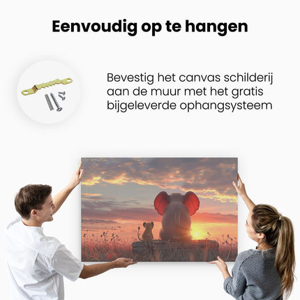 Canvas schilderij ophangen Olifant en een Leeuw Kijken naar de Zonsondergang