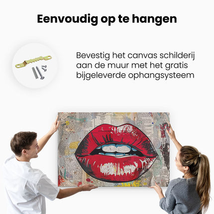 Canvas schilderij ophangen Rode Lippen op een Krant