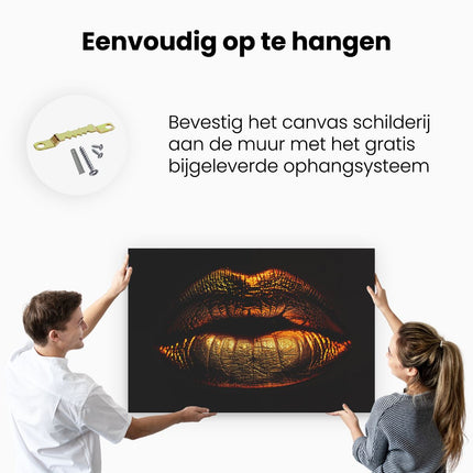 Canvas schilderij ophangen De Lippen van de Vrouw zijn Goudkleurig Verlicht