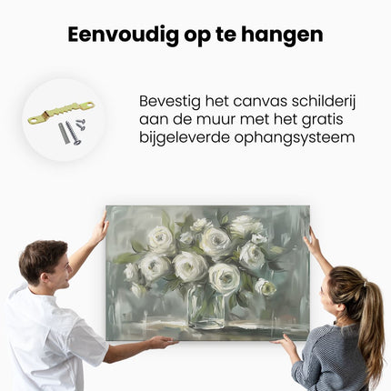 Canvas schilderij ophangen Witte Rozen in een Vaas
