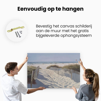 Canvas schilderij ophangen Kunstwerk van een Strand met Zand en een Hek