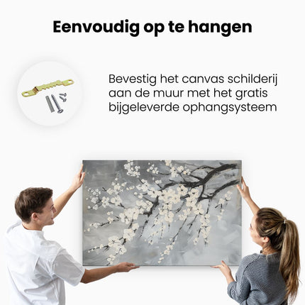 Canvas schilderij ophangen Kunstwerk van Witte Bloesems op een Tak