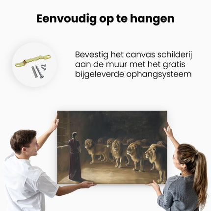 Canvas schilderij ophangen Man Staat voor een Groep Leeuwen