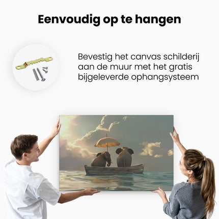 Canvas schilderij ophangen Twee Olifanten in een Boot met een Paraplu