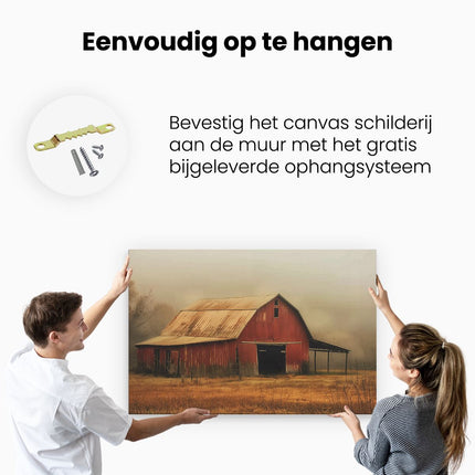 Canvas schilderij ophangen Rode Schuur in een Mistig Veld