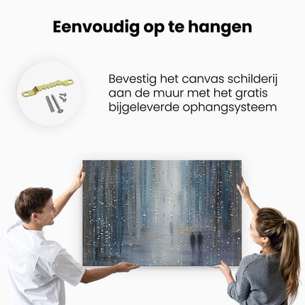 Canvas schilderij ophangen Kunstwerk van Twee Mensen die in de Regen Lopen