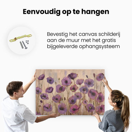 Canvas schilderij ophangen Paarse Klaprozen in een Veld