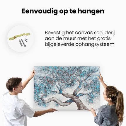 Canvas schilderij ophangen Kunstwerk van een Boom met Blauwe en Rode Verf