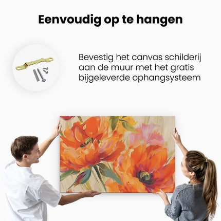 Canvas schilderij ophangen Oranje Bloemen op een Beige Achtergrond