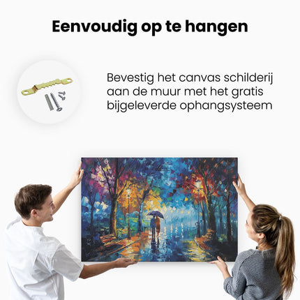 Canvas schilderij ophangen Vrouw met een Paraplu in de Regen