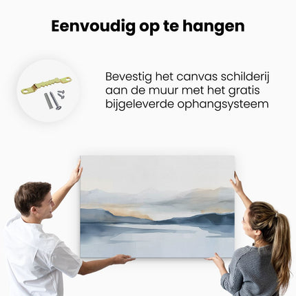 Canvas schilderij ophangen Aquarelkunstwerk van Bergen en een Meer