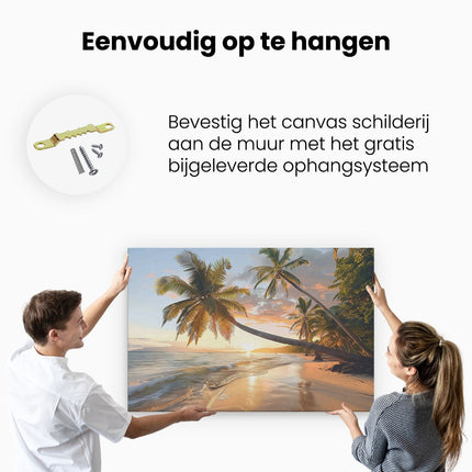 Canvas schilderij ophangen Palmbomen op een Strand bij Zonsondergang