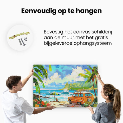Canvas schilderij ophangen Oranje Busje Geparkeerd op het Strand