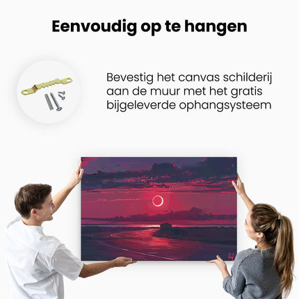 Canvas schilderij ophangen De Zon gaat onder over een Weg