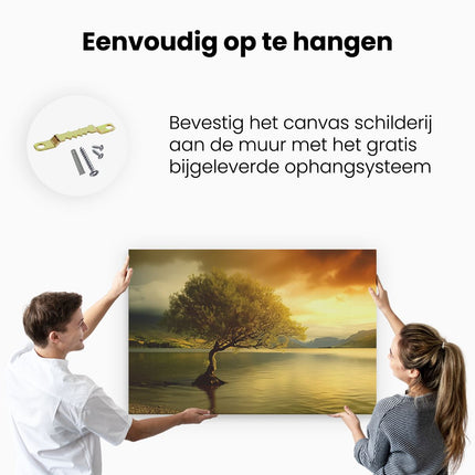 Canvas schilderij ophangen Eenzame Boom aan de Oever van een Meer