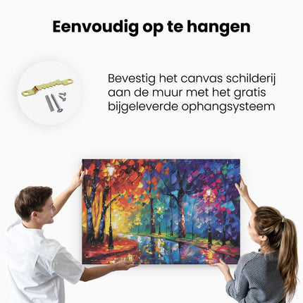 Canvas schilderij ophangen Kleurrijk Kunstwerk van Bomen en Straatverlichting