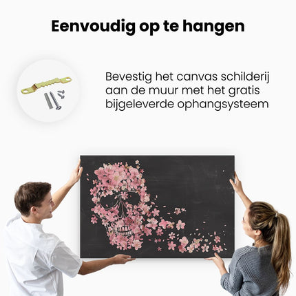 Canvas schilderij ophangen Schedel met Roze Bloemen op een Zwarte Achtergrond