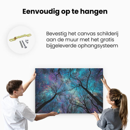 Canvas schilderij ophangen Bomen in de Nachtelijke Hemel met Sterren