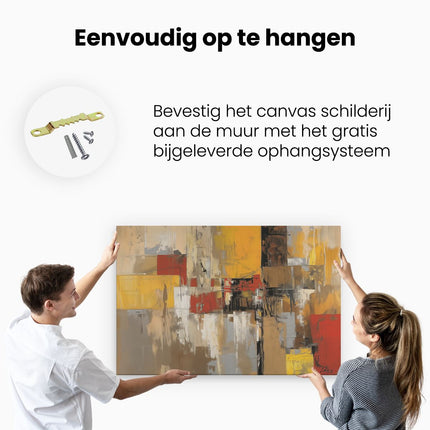 Canvas schilderij ophangen Abstract Kunstwerk met Rode, Gele en Bruine Vierkanten