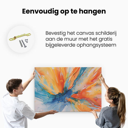 Canvas schilderij ophangen Aquarelkunstwerk van een Blauwe, Oranje en Gele Explosie