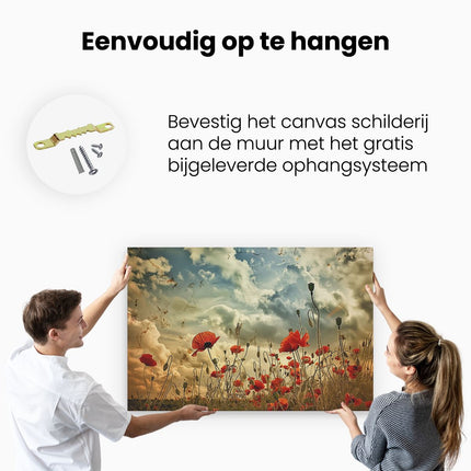 Canvas schilderij ophangen Rode Klaprozen onder een Bewolkte Hemel