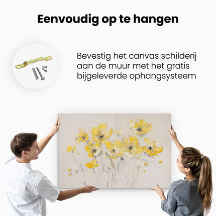 Canvas schilderij ophangen Kunstwerk van Gele Bloemen op een Beige Achtergrond
