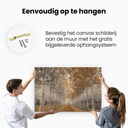 Canvas schilderij ophangen Weg Omzoomd met Bomen in de Herfst