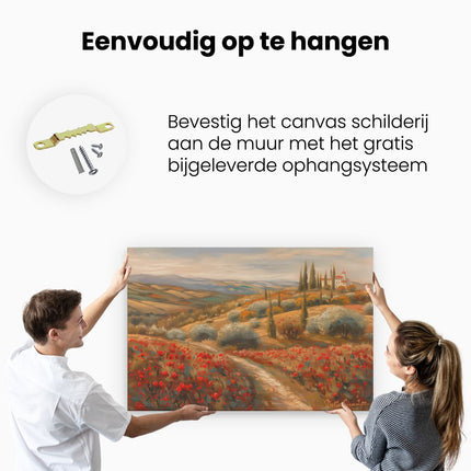 Canvas schilderij ophangen Kunstwerk van een Toscaans Landschap met Rode Klaprozen