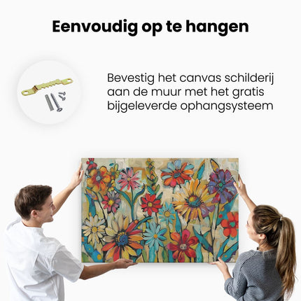 Canvas schilderij ophangen Kleurrijke Bloemen in een Veld