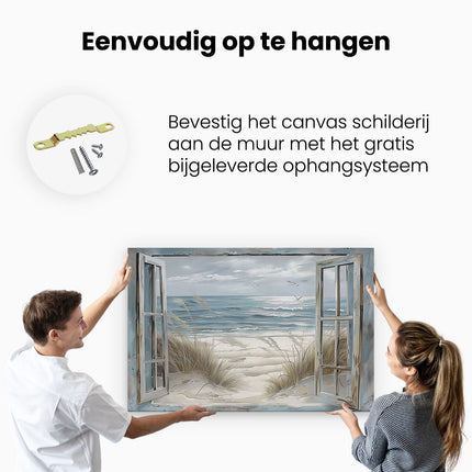 Canvas schilderij ophangen Open Raam met Meeuwen en Zand