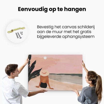 Canvas schilderij ophangen Vrouw Zittend op het Strand