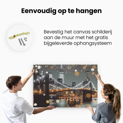 Canvas schilderij ophangen De Brooklyn Bridge is Verlicht met Verlichting