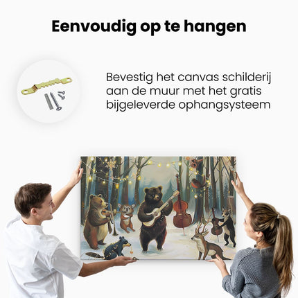 Canvas schilderij ophangen Groep Beren die Muziek Spelen in het Bos