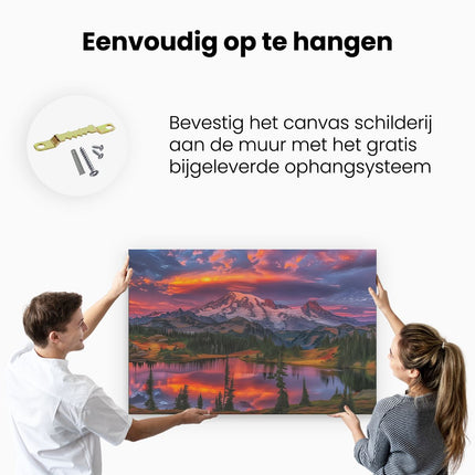 Canvas schilderij ophangen Zonsondergang over Mt Regenachtiger en een Meer