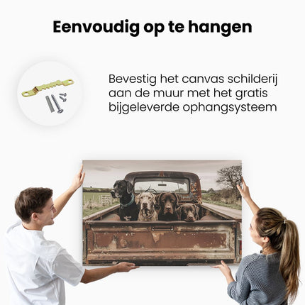 Canvas schilderij ophangen Drie Honden Achterin een Vrachtwagen