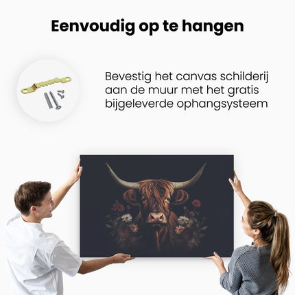 Canvas schilderij ophangen Koe met Hoorns en Bloemen