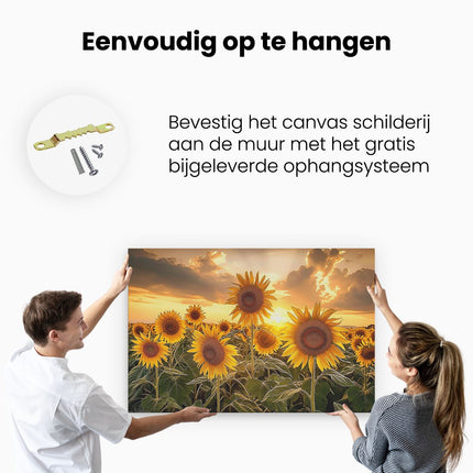 Canvas schilderij ophangen Zonnebloemen in een Veld bij Zonsondergang