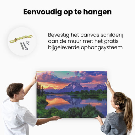 Canvas schilderij ophangen Prachtige Zonsondergang over een Rivier en Bergen