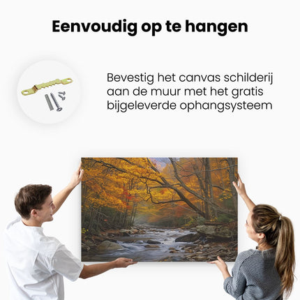 Canvas schilderij ophangen Stroom Omgeven door Bomen in de Herfst