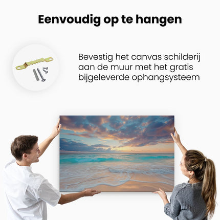 Canvas schilderij ophangen Strand met Golven bij Zonsondergang